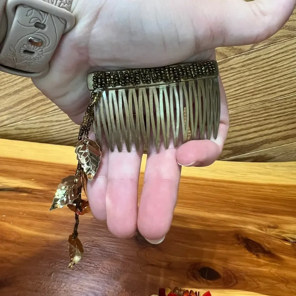 Vintage Hair Combs Y2K 1990's Plastic Beaded Topper Dangle Red Gold‎ Tone Leaves